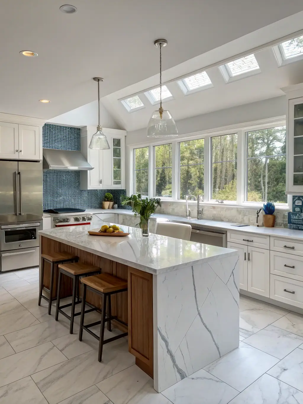 A bright, modern kitchen with granite countertops, custom cabinetry, and stylish lighting, showcasing JG Construction Service's kitchen remodeling expertise.